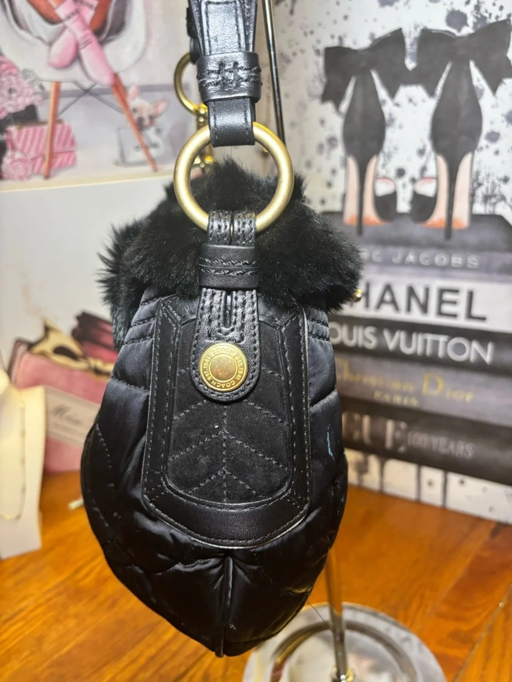 Coach 3586 Black Quilted Satin Rabbit Fur Trim Hobo Bag EUC Y2K Rare